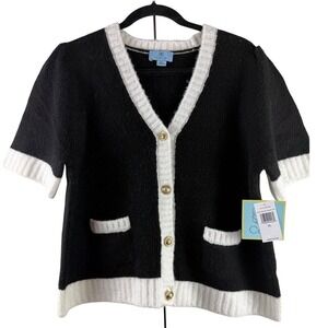 CeCe Short Sleeve Cardigan Sweater Black White Trim Gold Button Preppy XL NEW